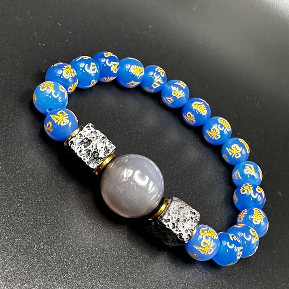 LIGH BLUE AGATE OM + CHALCEDONY NATURAL STONES BRACELET size7 - Picture 11 of 11